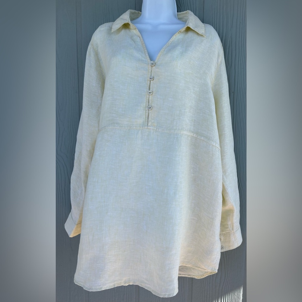 141*. SIGRID OLSEN Women's Linen Tunic Yellow.1/4 Button Roll Tab Sleeve